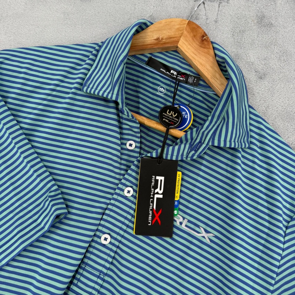 RLX Ralph Lauren Performance Polo Shirt Mens Small Striped Green UV Protection